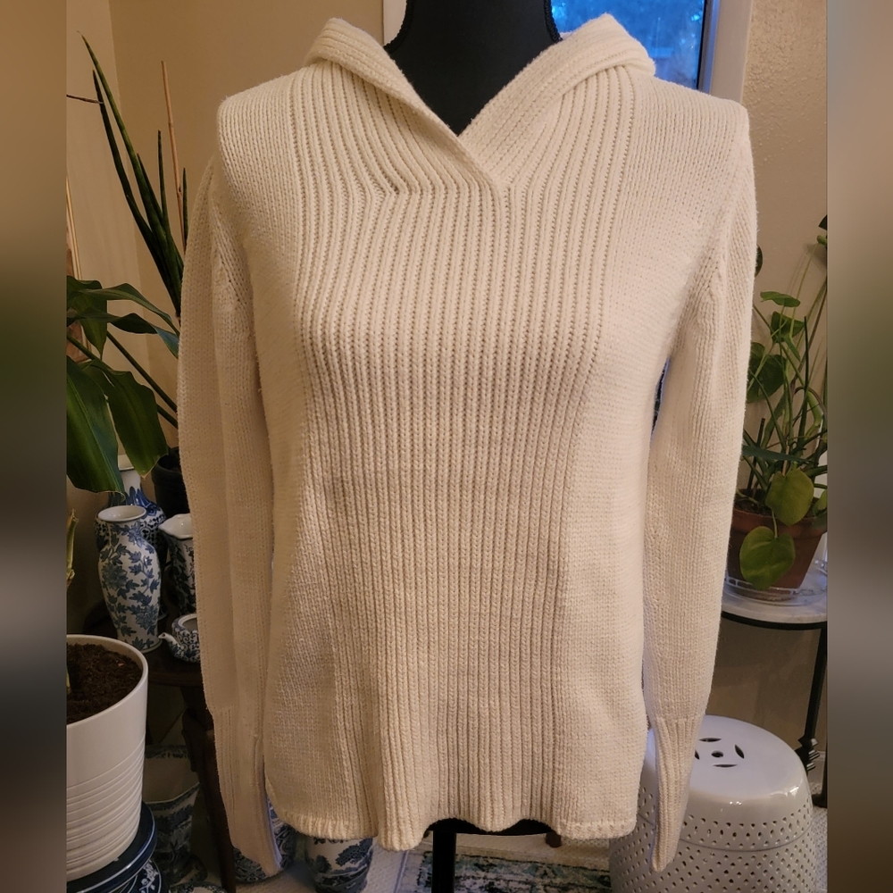 Gap Off-White Chunky Ribbed Front Hooded Sweater M